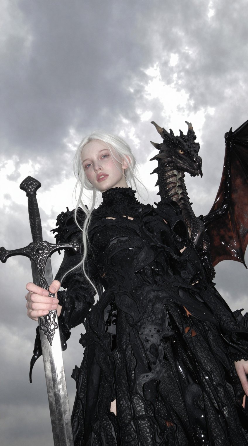 A pale-skinned woman with long,  straight white hair is captured from a low angle,  standing under an overcast grey sky. S...