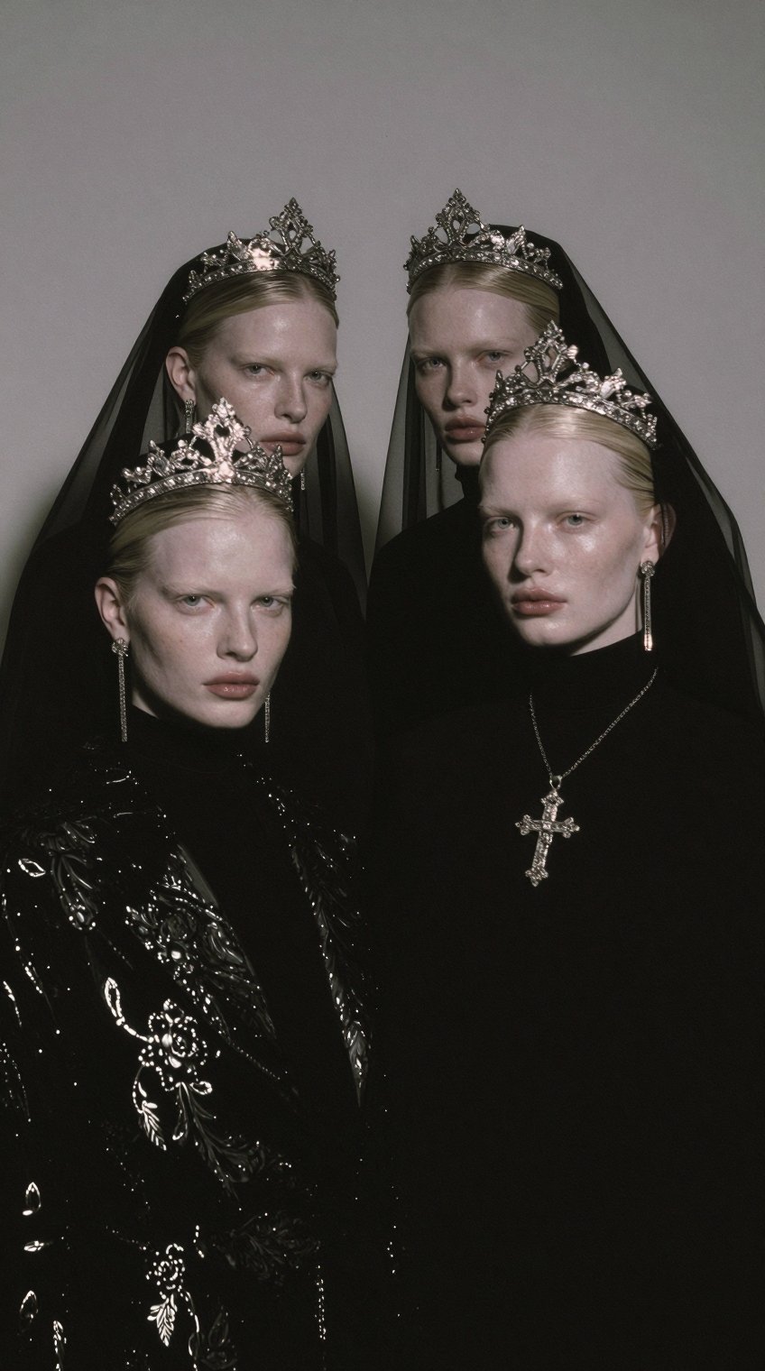 Four pale-skinned women with slicked-back blonde hair stand close together in a solemn group against a plain,  light grey...