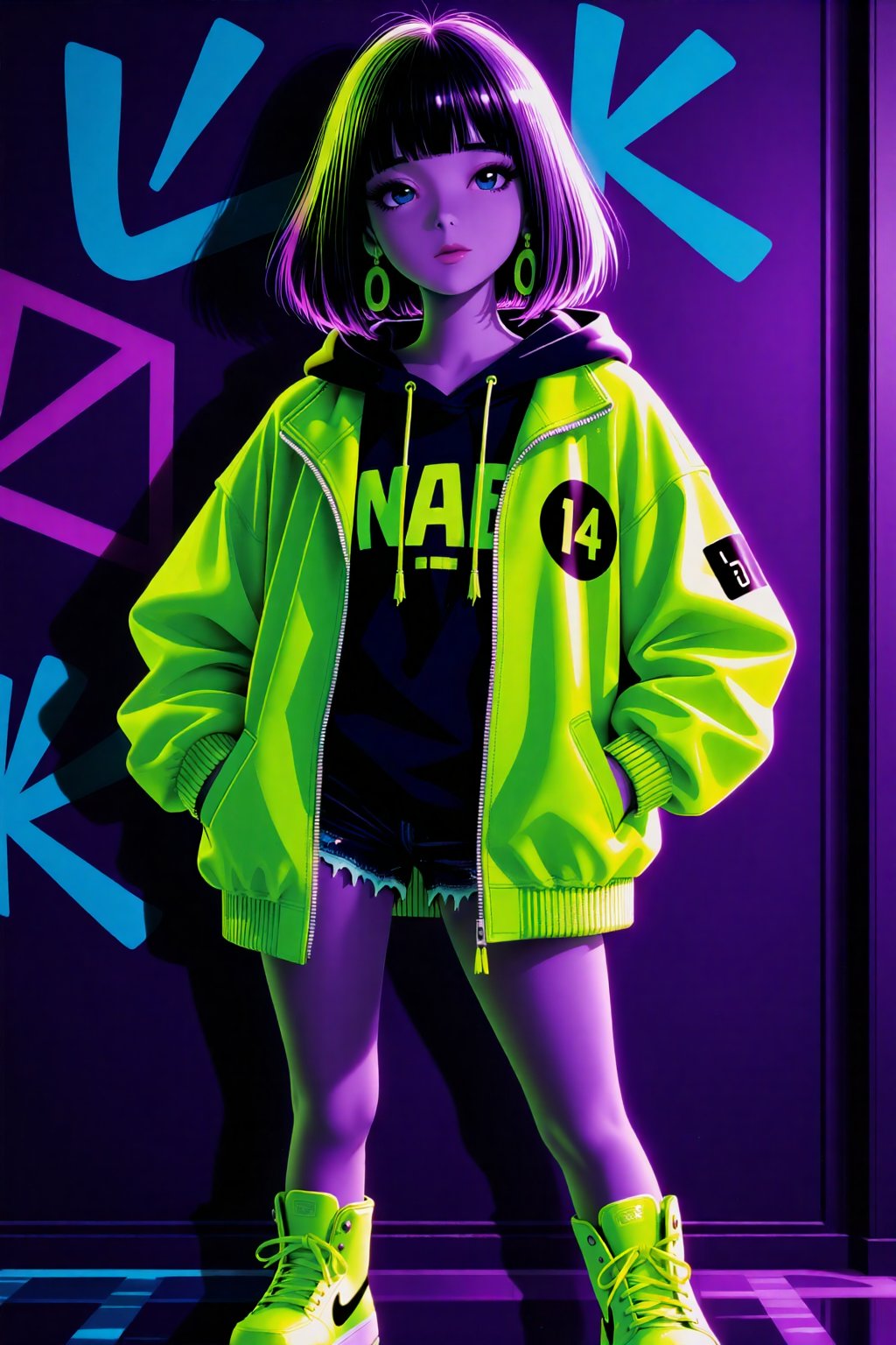 (Fluorescent paint: 1.4),  Street artist girl,  graffiti wall by aimann on Tensor.Art