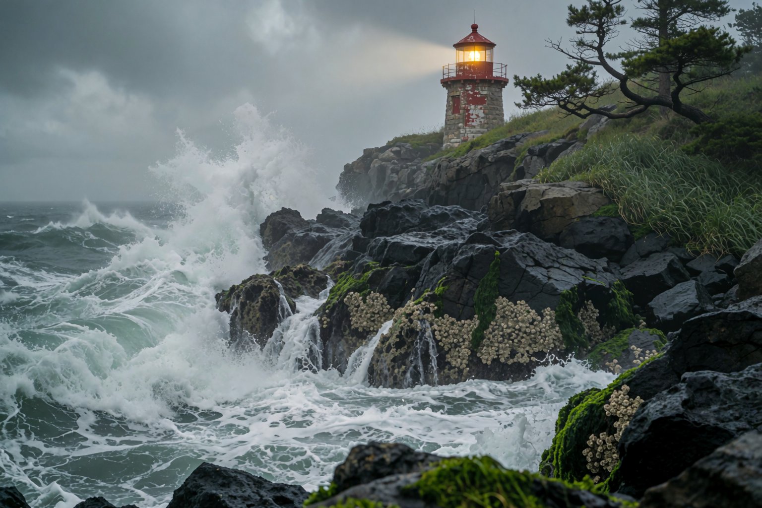 A rugged coastal cliffside battered by towering,  turbulent ocean waves under a heavy,  overcast sky. Jagged by aimann on...