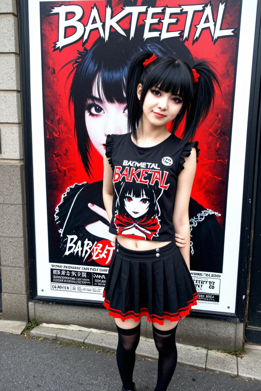Photograph of an emo woman on a street posing in front of a "babymetal" concert poster,  posing in a kawaii style. by CMR...