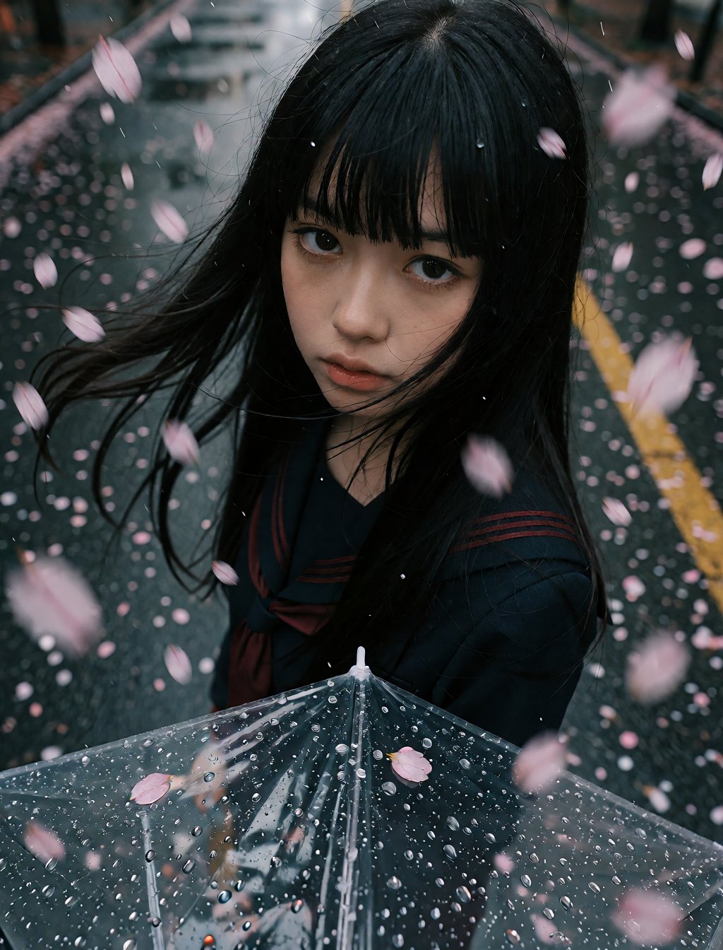 A photograph High-angle,  extreme close-up shot looking down at a young East Asian woman standing on a city street. She ha...