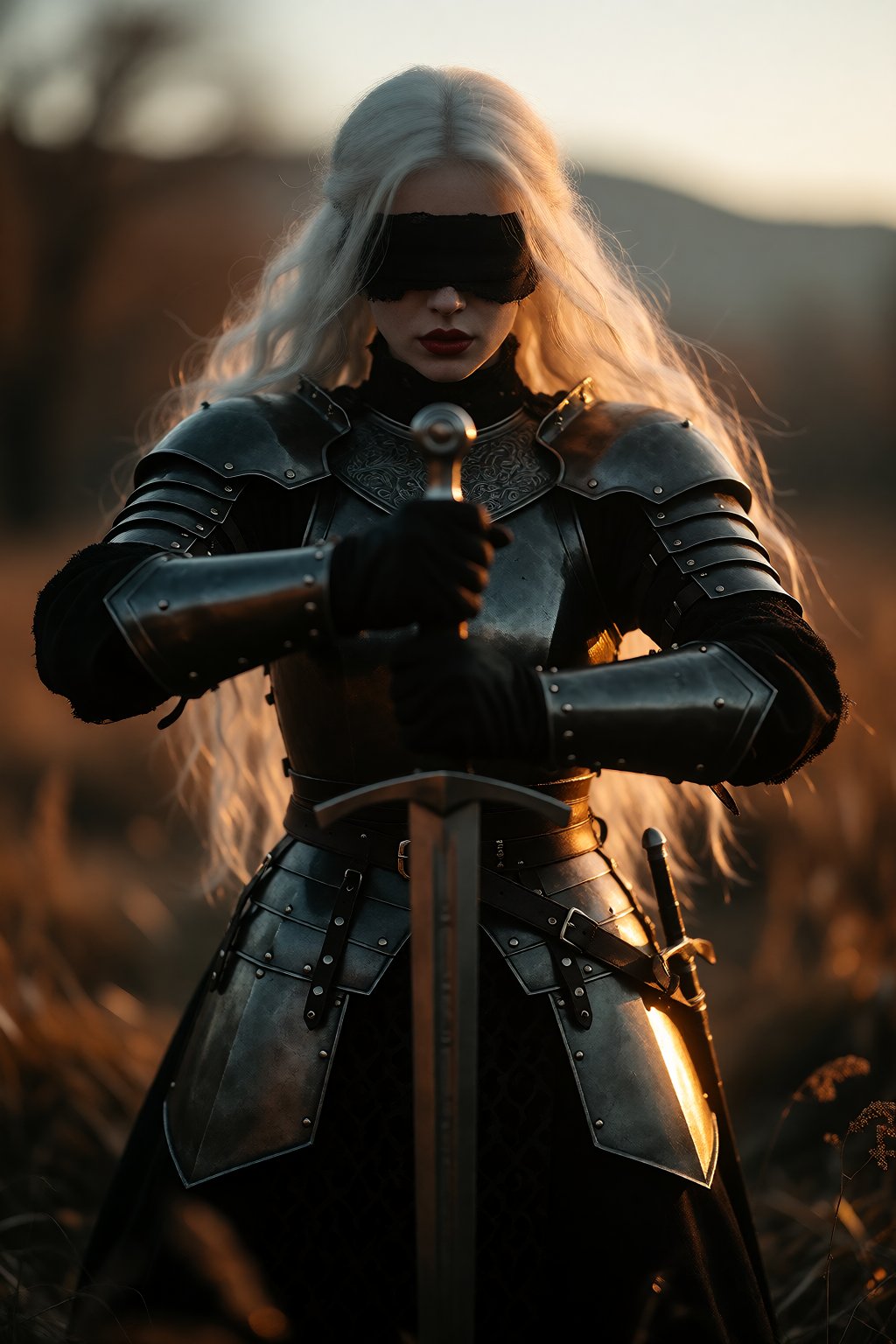 Create a photorealistic scene featuring a solo woman with long,  flowing white hair,  standing in a dynamic pose. She is h...
