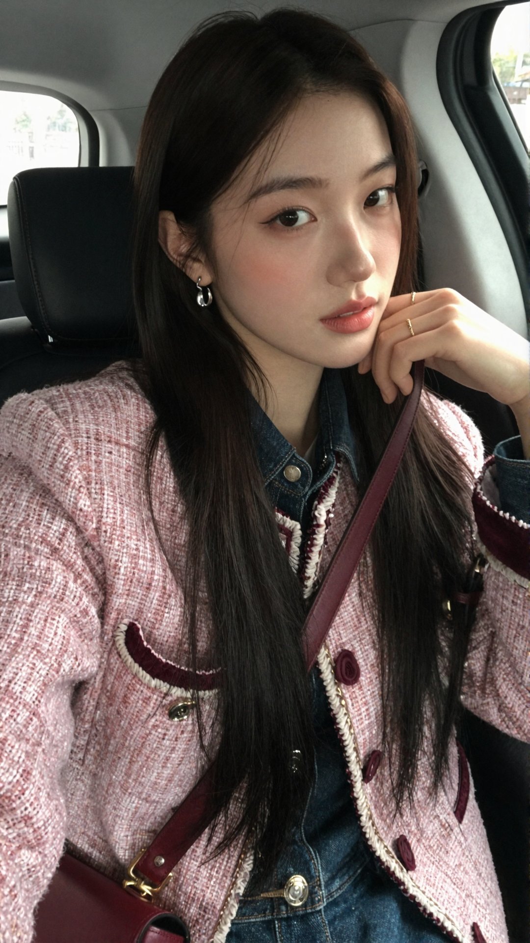 A young woman with a soft,  rounded oval face and a gently defined jawline,  fair smooth skin with a natural even finish a...