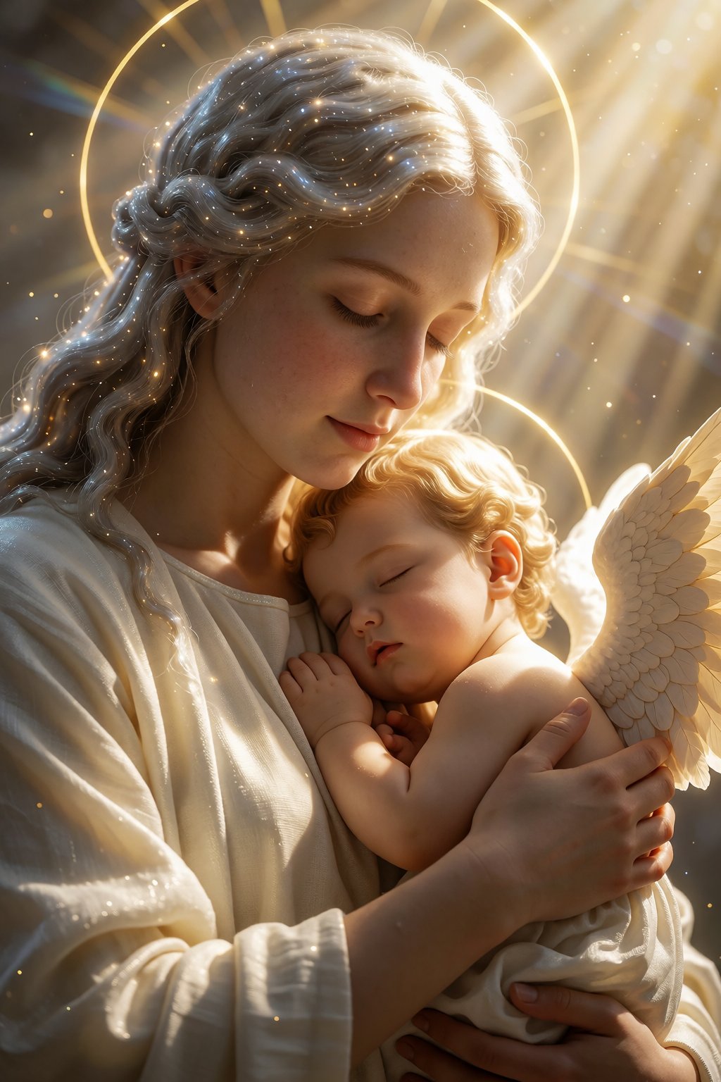 A tender first-person view captures The Virgin Mary cradling a sleeping angel baby,  their faces illuminated by warm golde...