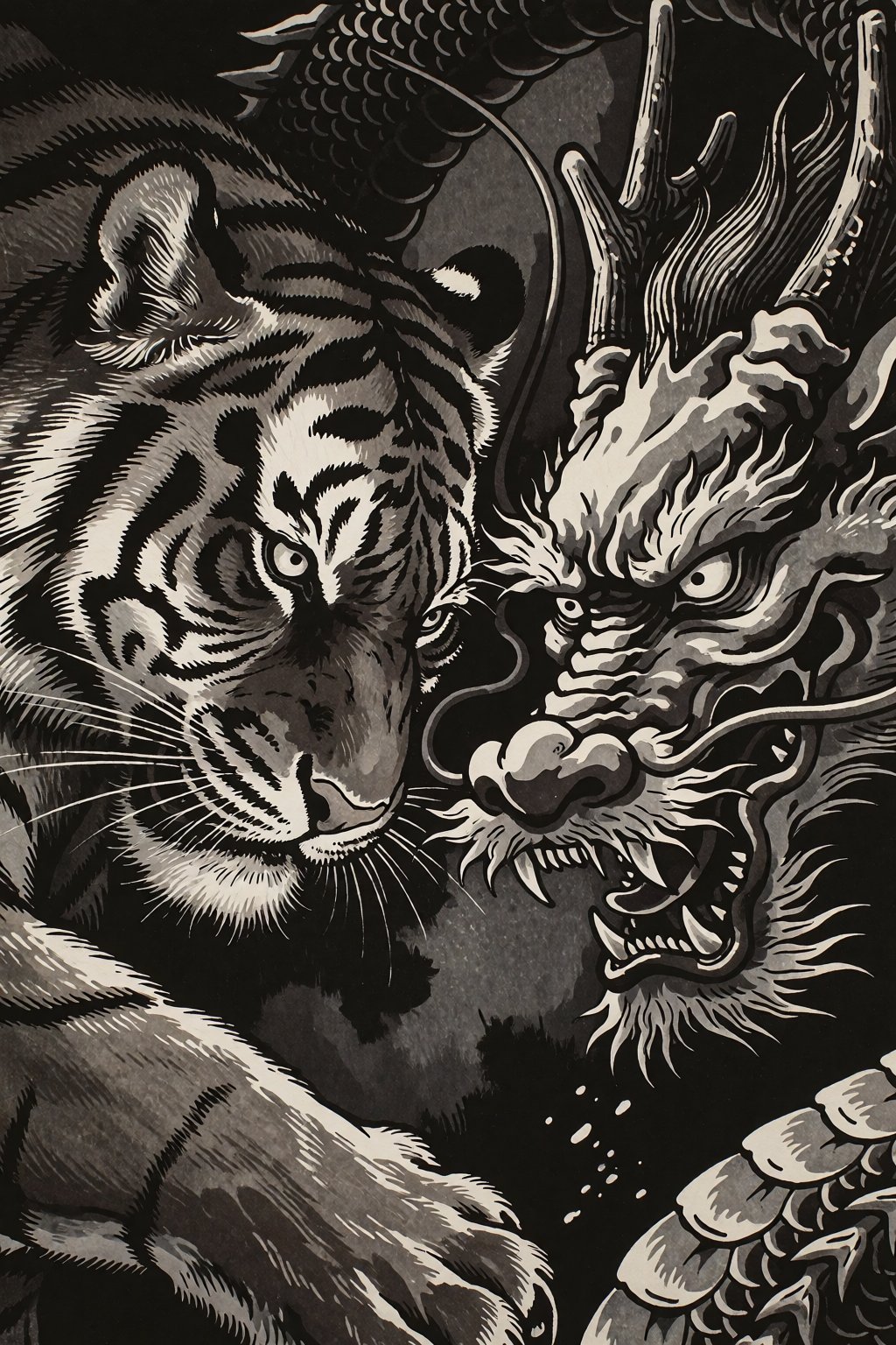 A highly detailed woodblock print captures a tiger and dragon locked in battle,  rendered with the expressive clarity of J...
