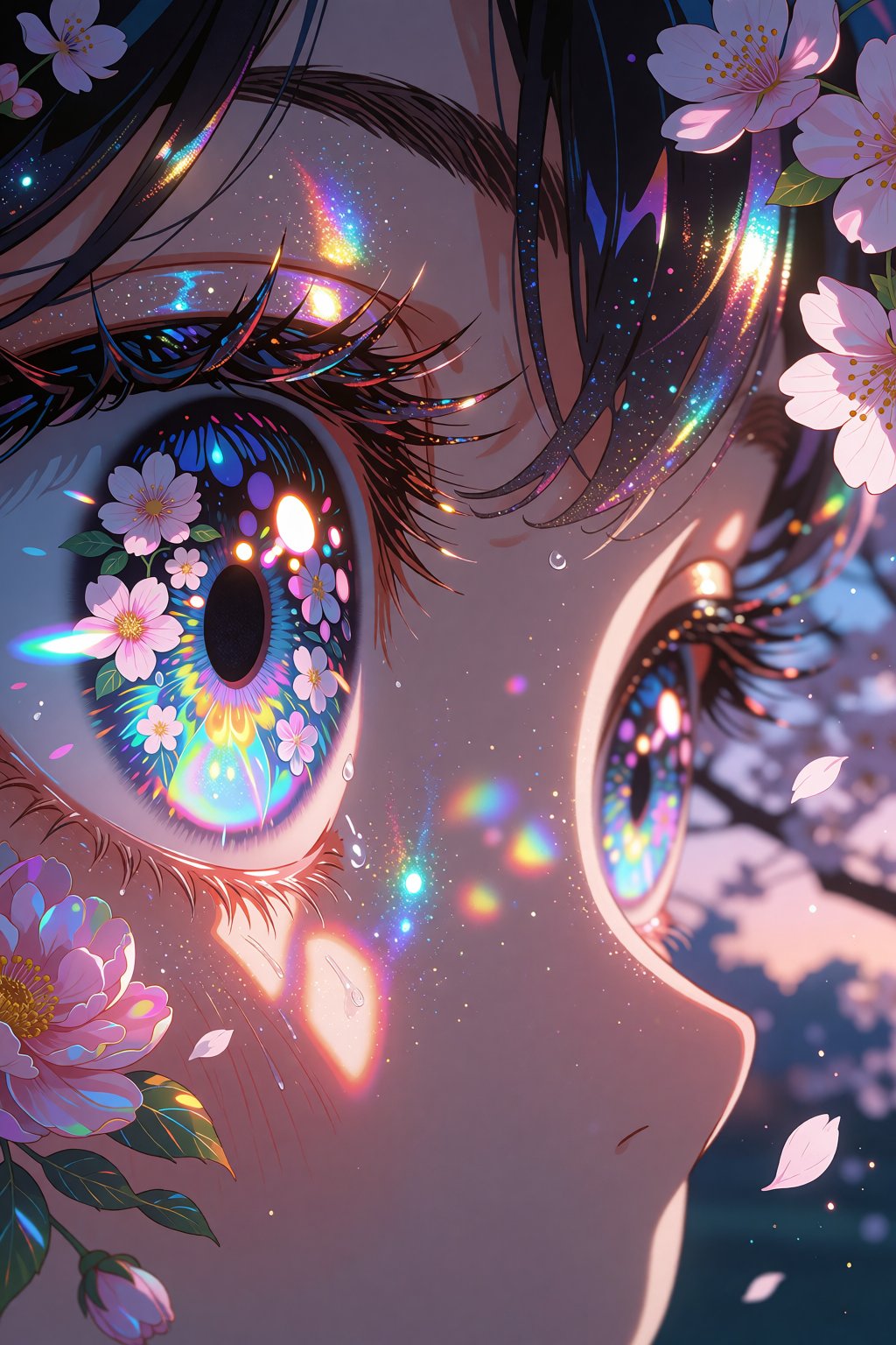 An ultra-detailed close-up captures the luminous,  oversized eyes of an anime girl whose irises are transformed into a liv...