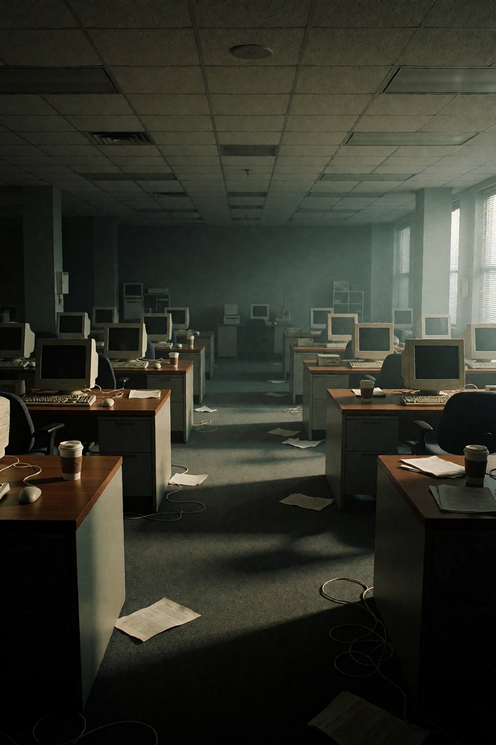 A photograph captures an empty office space filled with rows of desks arranged in neat columns,  each holding computers fr...