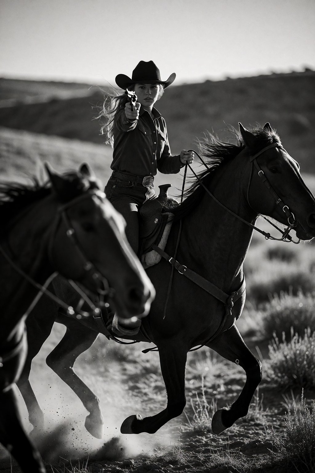 A black-and-white photograph captures a dynamic scene of a cowgirl riding a powerful horse,  her silhouette sharply define...