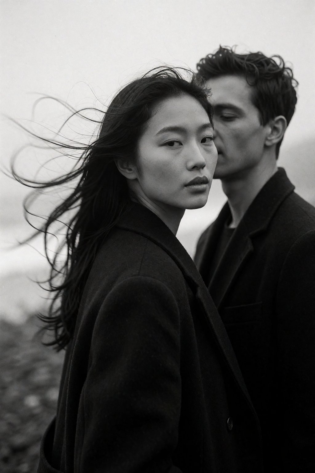 A poetic monochrome close-up scene of an Asian woman with windswept hair turning toward the camera while a man stands just...