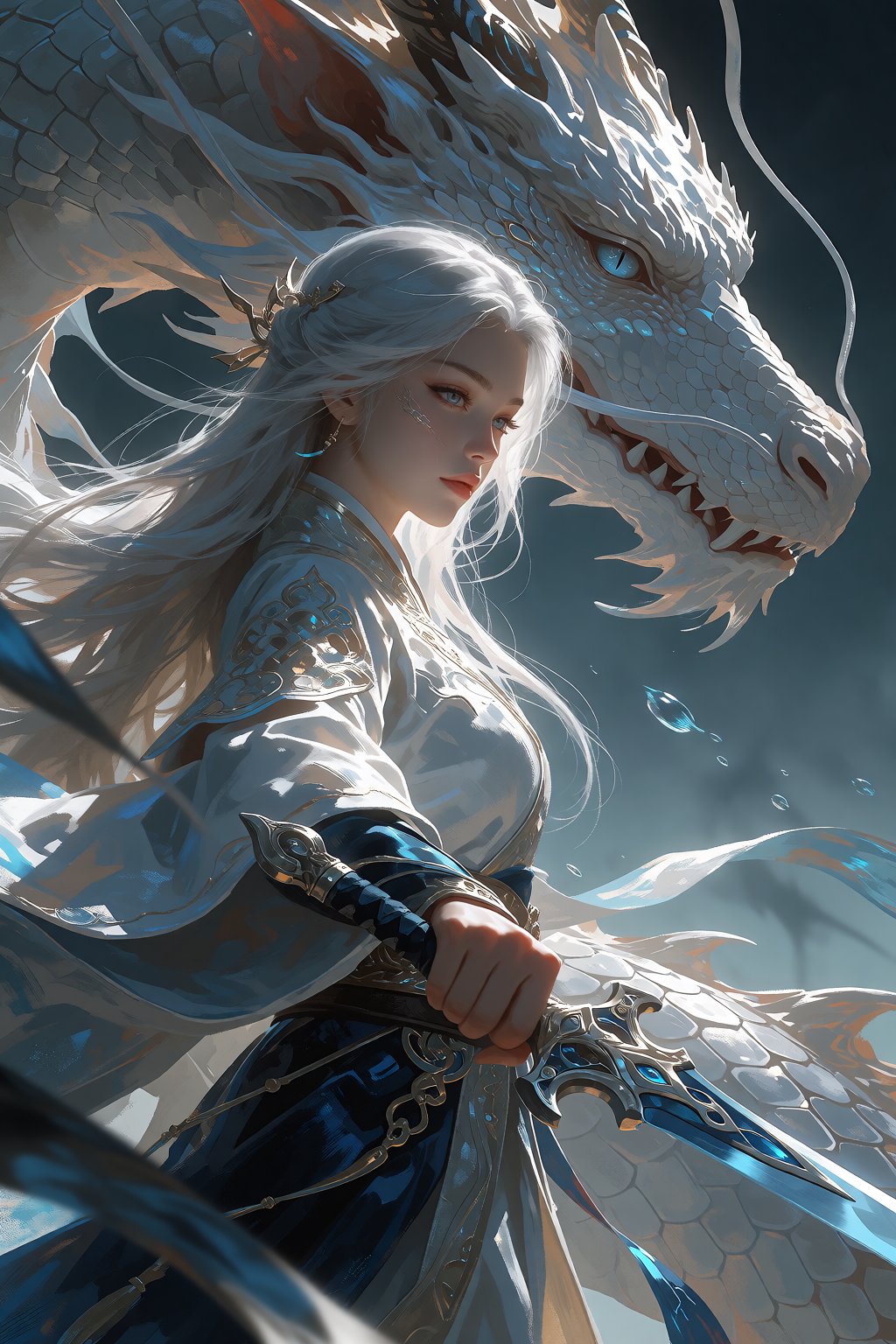 A cinematic fantasy scene unfolds with a female figure in a dynamic cowboy shot,  her long white hair cascading over her s...