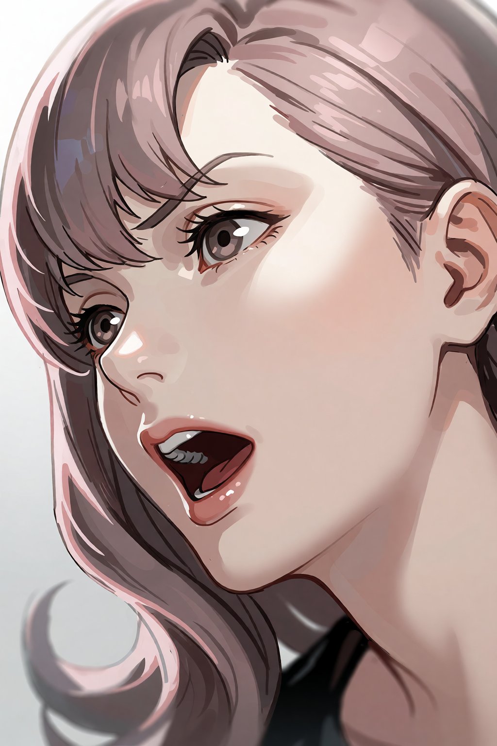 A close-up illustration captures a woman from the side,  her head tilted slightly as she speaks with her mouth open,  conv...