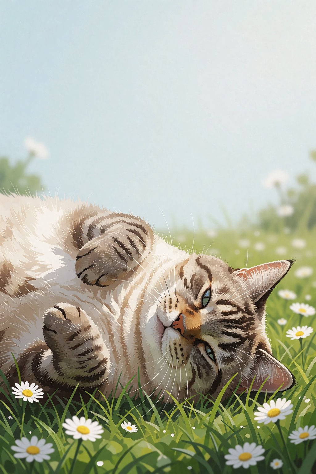 A semi-realistic illustration captures a warm cream and tabby cat mid-roll,  its playful relaxed pose captured with natura...