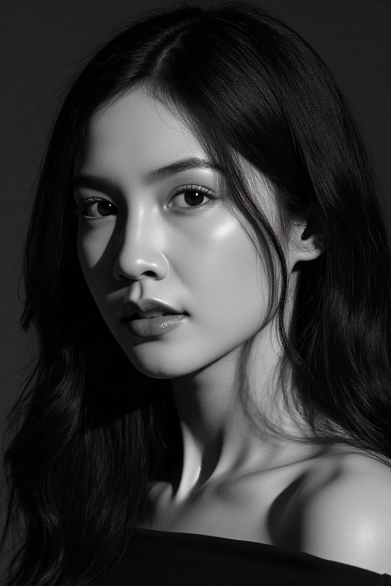 Ultra-realistic cinematic black-and-white high fashion portrait based on the uploaded reference face. A stunning Asian wom...