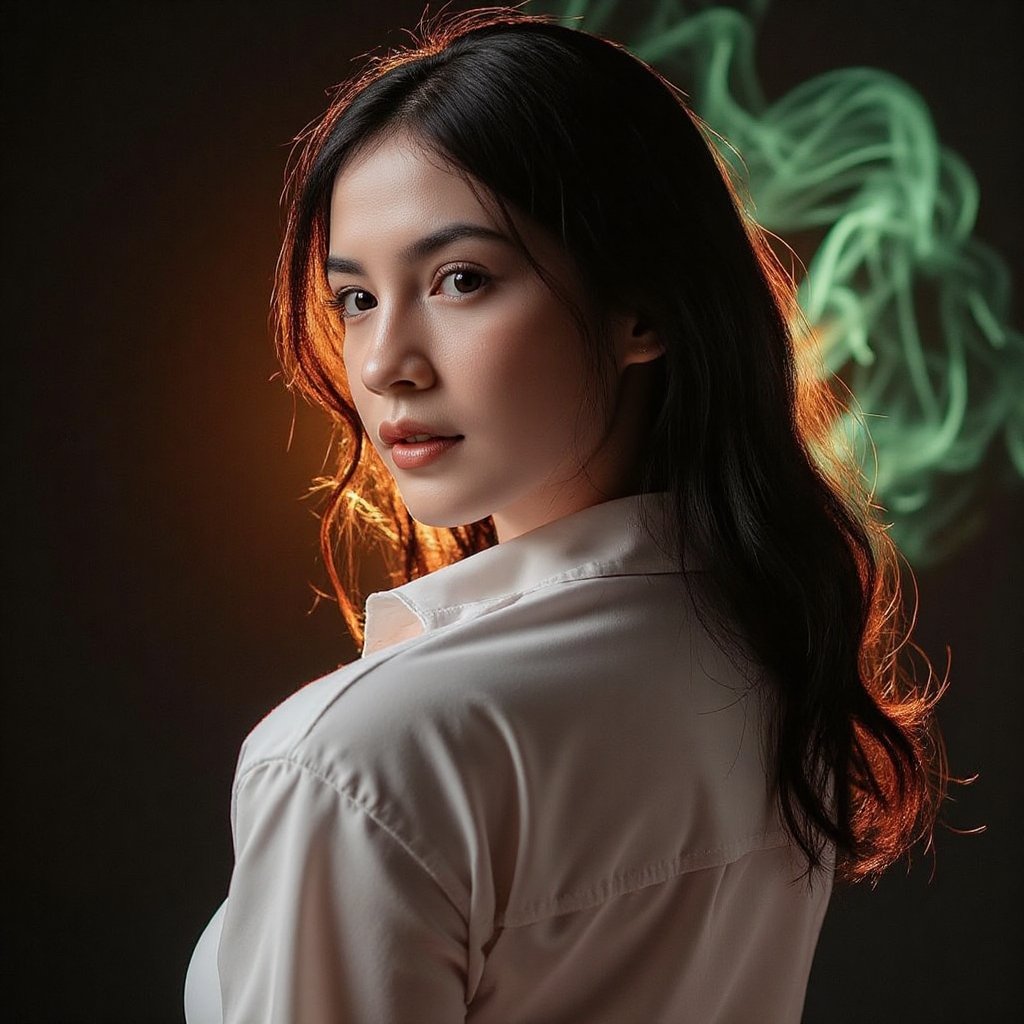 This image is an evocative,  high-definition picture of a breathtaking beautiful model captured in a low-light background....
