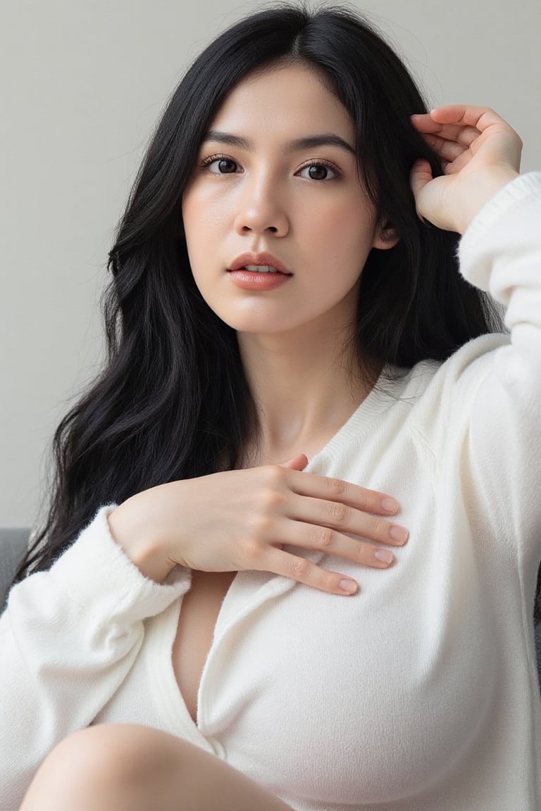 A serene portrait captures a solo female figure,  long black hair cascading down her back,  parted lips subtly conveying i...