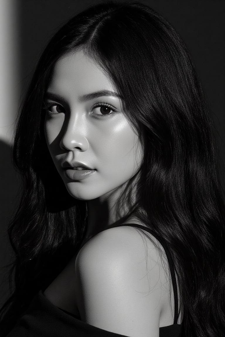Ultra-realistic cinematic black-and-white high fashion portrait based on the uploaded reference face. A stunning Asian wom...