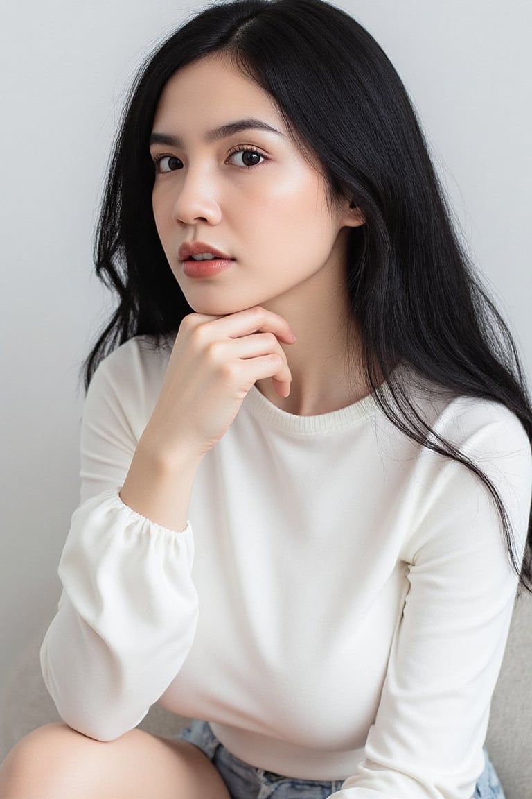 A serene portrait captures a solo female figure,  long black hair cascading down her back,  parted lips subtly conveying i...