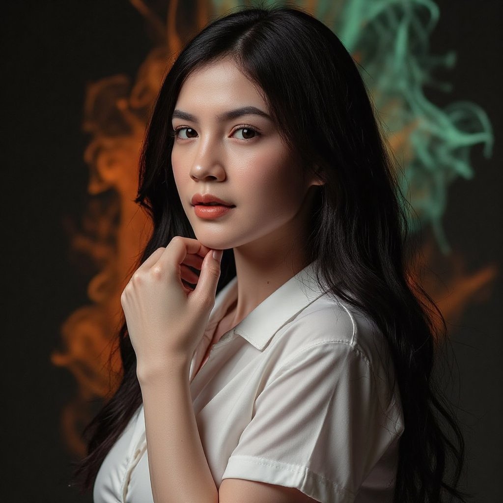 This image is an evocative,  high-definition picture of a breathtaking beautiful model captured in a low-light background....