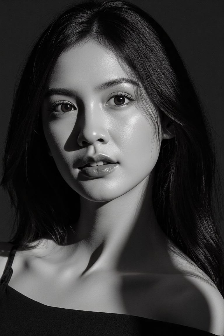 Ultra-realistic cinematic black-and-white high fashion portrait based on the uploaded reference face. A stunning Asian wom...