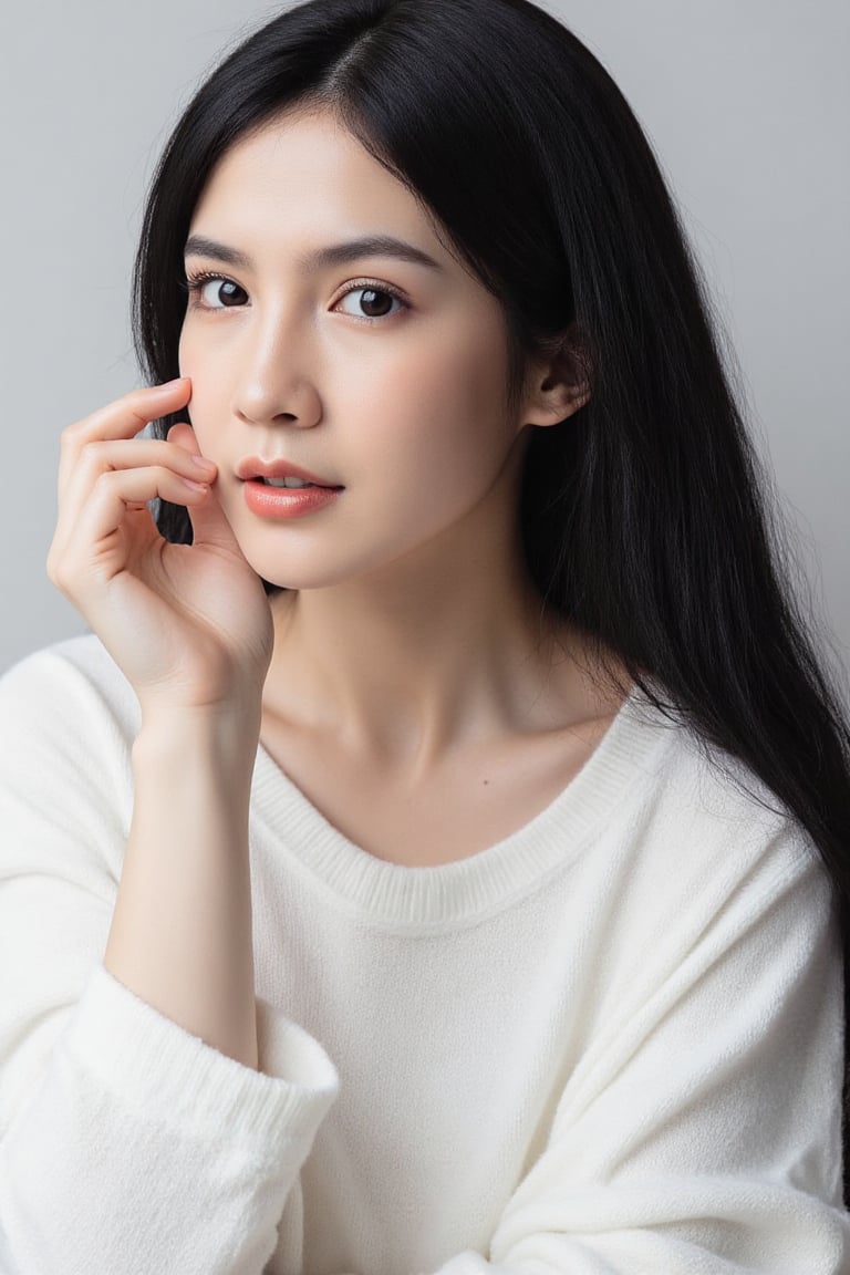 A serene portrait captures a solo female figure,  long black hair cascading down her back,  parted lips subtly conveying i...