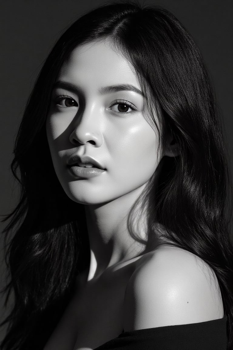 Ultra-realistic cinematic black-and-white high fashion portrait based on the uploaded reference face. A stunning Asian wom...