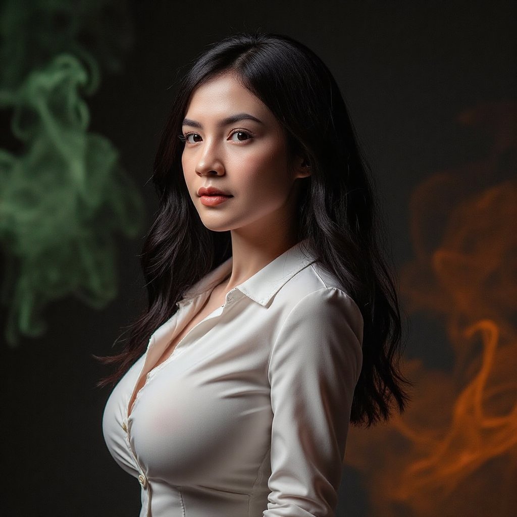 This image is an evocative,  high-definition picture of a breathtaking beautiful model captured in a low-light background....