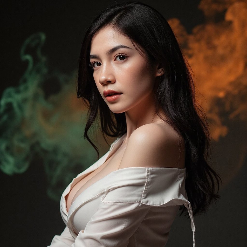 This image is an evocative,  high-definition picture of a breathtaking beautiful model captured in a low-light background....