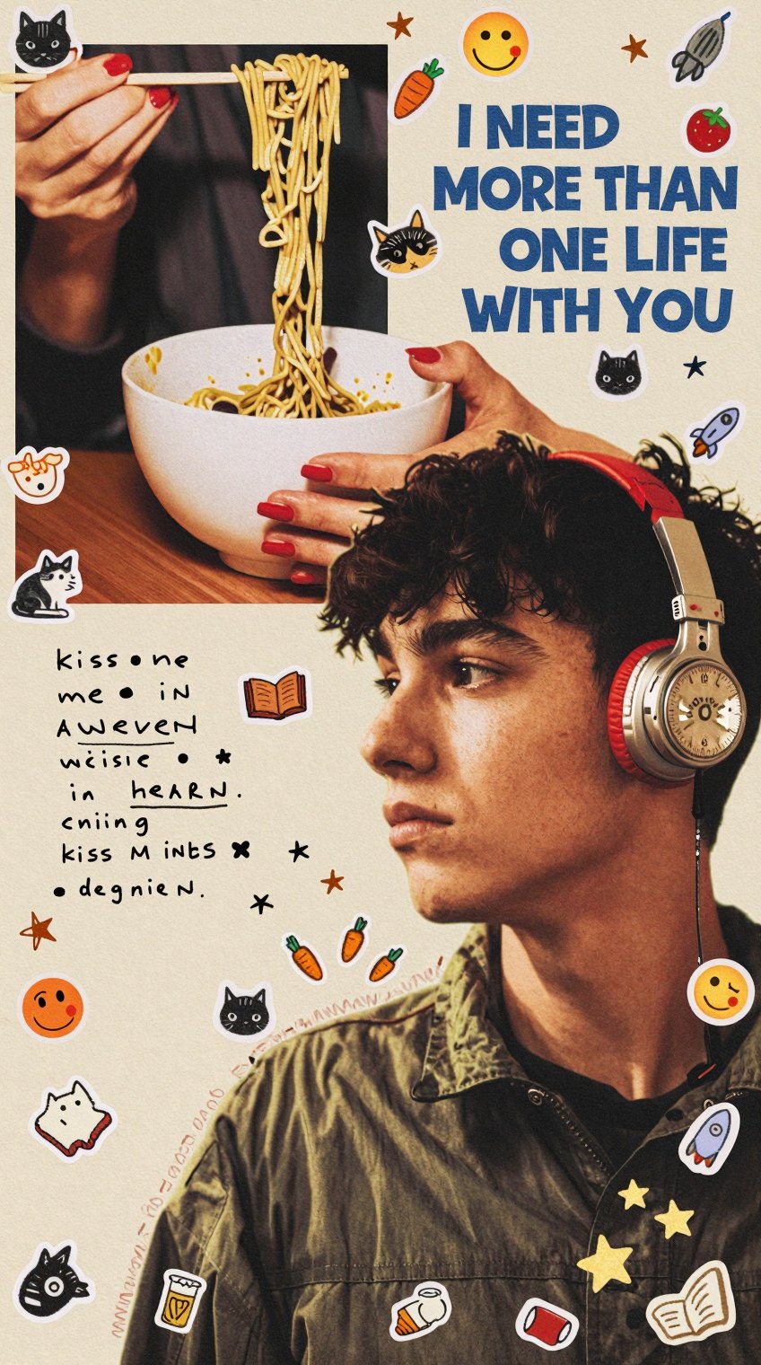 A layered collage features a young person in profile wearing red-and-silver headphones,  gazing rightward with a calm expr...
