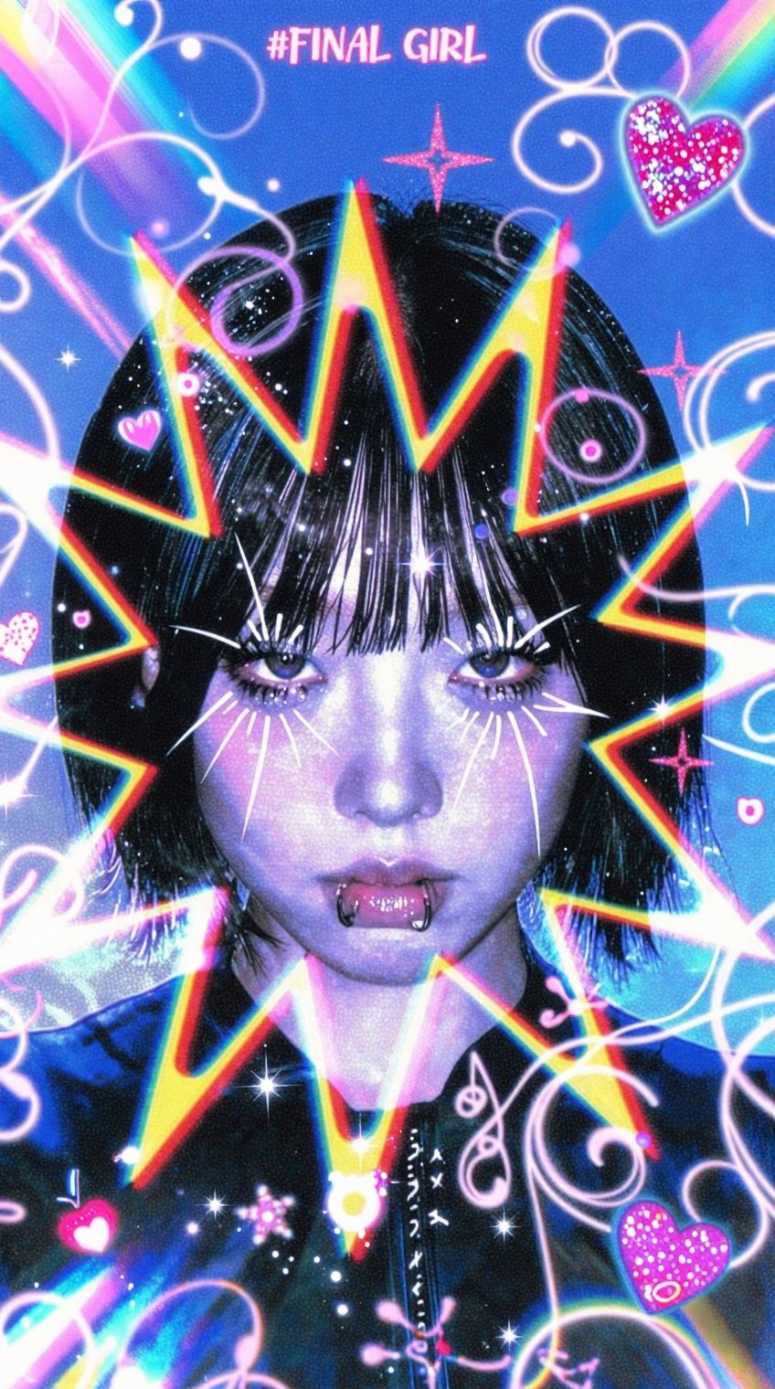 A young woman with dark bobbed hair and bangs gazes directly forward,  her face framed by a jagged,  neon-outlined starbur...