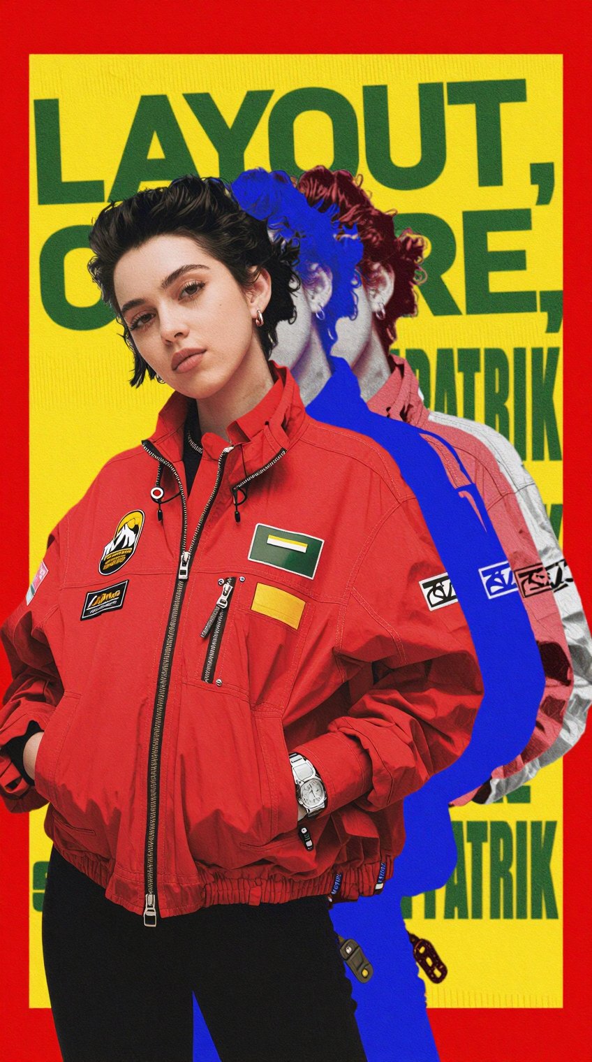 A young woman with short dark hair stands confidently in the foreground,  wearing a vibrant red utility-style jacket adorn...