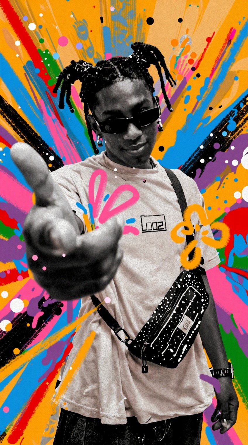 A person with dark skin,  wearing sunglasses and two high pigtails,  extends a large grayscale hand toward the viewer whil...