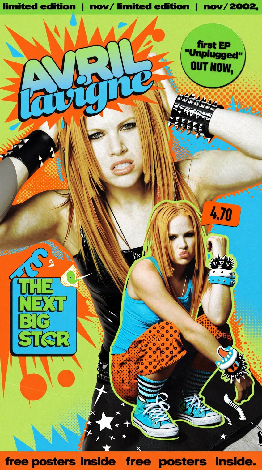 A vibrant magazine cover features Avril Lavigne in two poses: a large,  dynamic close-up of her snarling with long blonde...