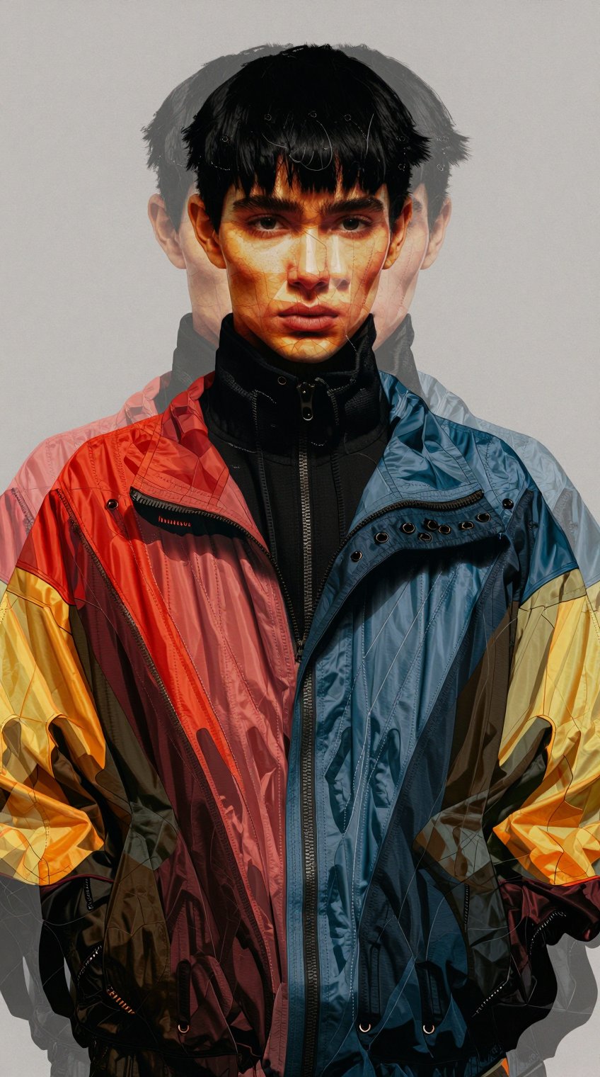 A person with short black hair and bangs gazes directly forward,  their face partially overlaid with translucent,  offset...