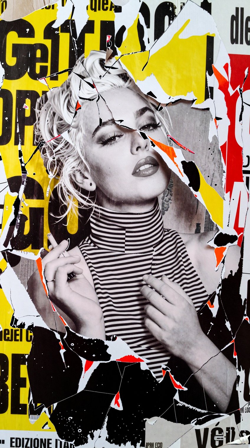 A black-and-white photographic portrait of a woman with platinum blonde hair,  wearing a high-necked black-and-white strip...