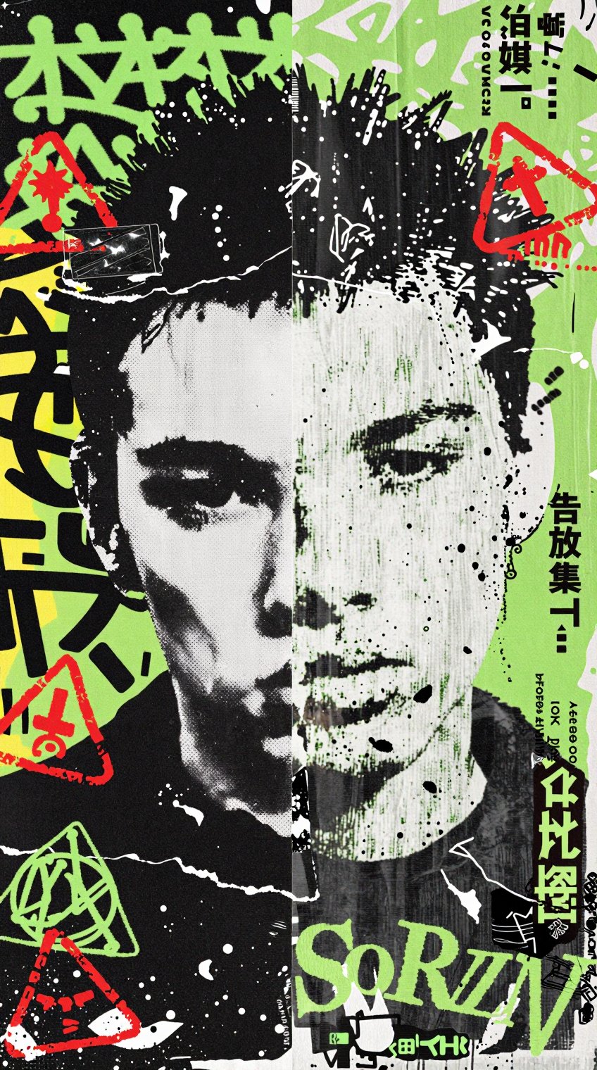 A split-screen cyber-grunge poster design,  featuring dual monochrome black-and-white photocopier style portraits of a you...