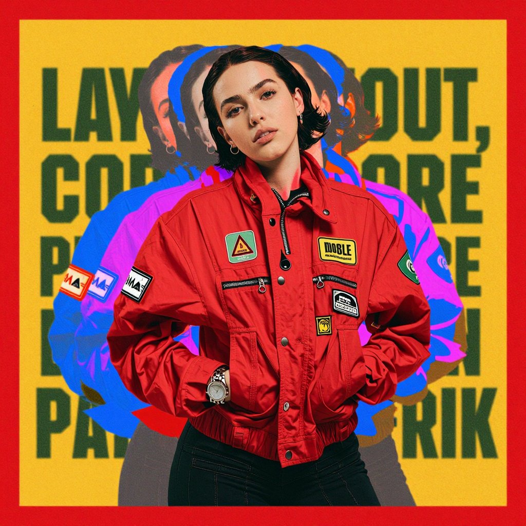 A young woman with short dark hair stands confidently in the foreground,  wearing a vibrant red utility-style jacket adorn...