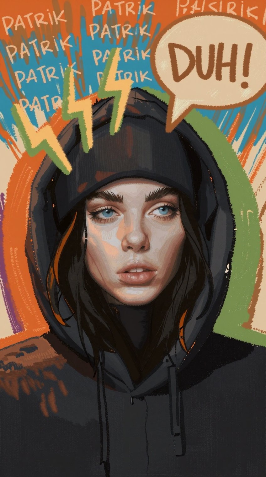 A stylized portrait features a young woman with pale skin,  striking blue eyes,  and dark shoulder-length hair partially c...