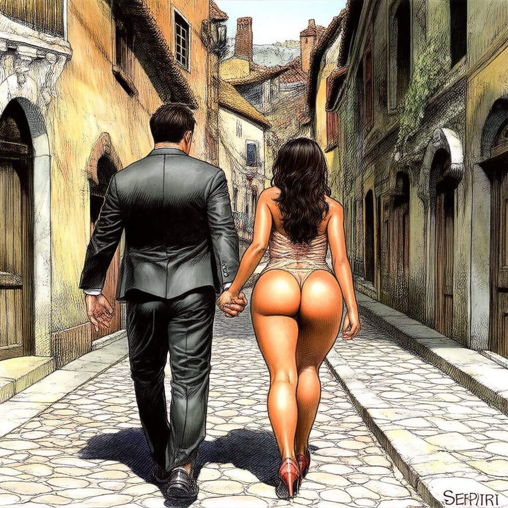 masterpiece,  best quality,  a man and a woman holding hands while walking together down a cobblestone street of a village...