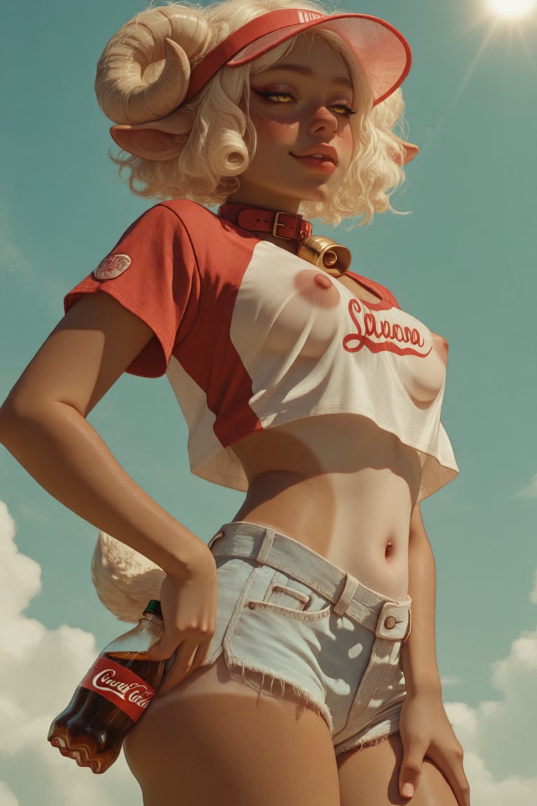 sunny 1980s summer fashion photo of a sporty young furry sheep woman wearing a red and white baseball raglan high-cropped...