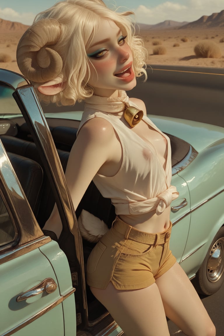 Seen from a slightly elevated side angle,  knees bent as she leans against the open door of a turquoise 1950s convertible...
