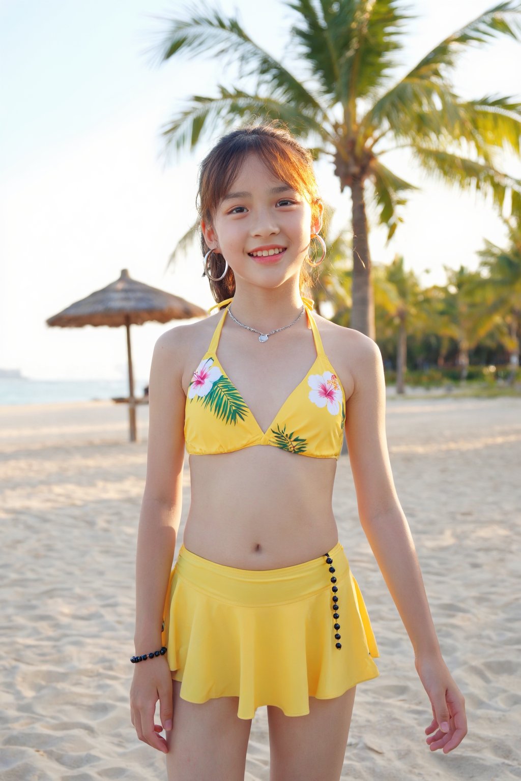 夏夏,  一位面带明媚笑容的10岁小女子,  伫立在阳光明媚的热带海滩前景处。她身着明艳的黄色比基尼 by 浅夏 on Tensor.Art