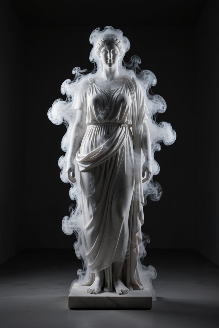 classical Greek marble statue of woman made entirely of dense white smoke,  sharp contours,  standing in dark empty room b...