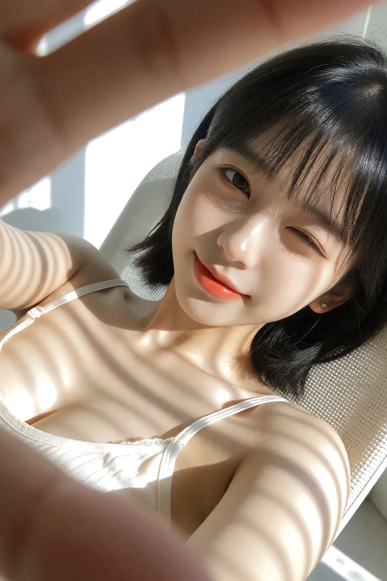 "subject": "description": "A cute young East Asian woman in her early 20s with fair skin and short black bob,  lying down...