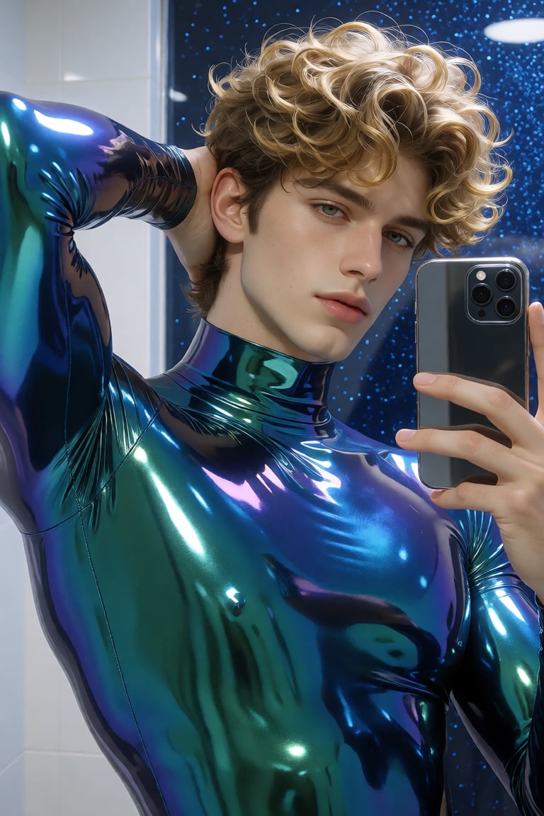 A highly detailed,  trendy mirror selfie of a young,  exceptionally handsome man in his early to mid-20s with striking fea...