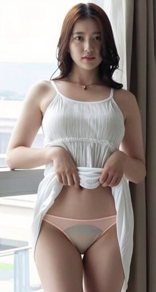 A medium shot from a front angle captures a toned petite 18-year-old Asian girl 1girl solo brown hair dress underwear pant...