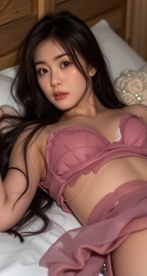 Create an 8K photograph in a realistic style where a solo 1girl with long,  black hair and black eyes is lying on a bed,...