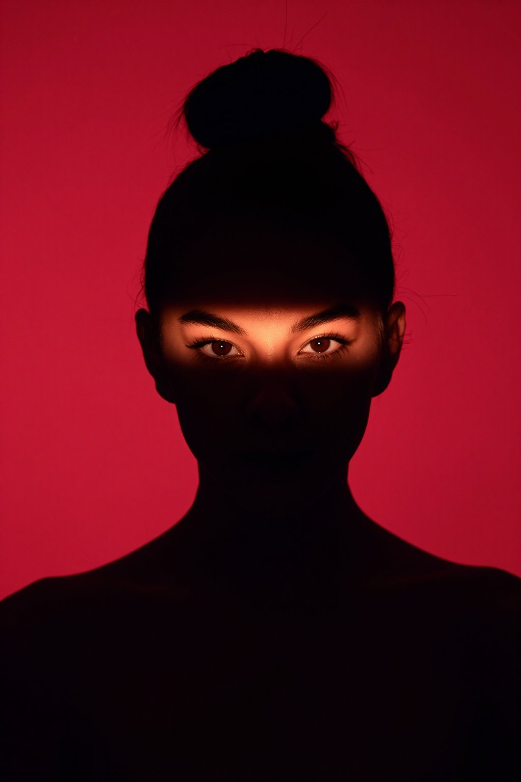 A medium close-up shot of LewdIRL,  a young woman,  rendered in dramatic chiaroscuro against a vibrant red backdrop. The w...
