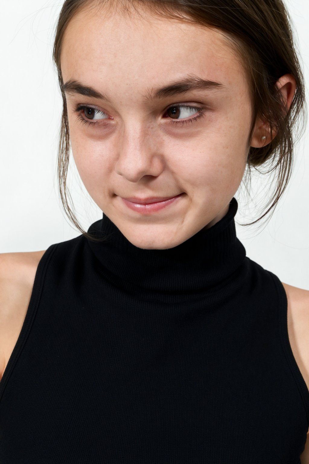 A portrait analog photo of photo of LewdIRL a 20 years old girl,  She has freckles,  visible black turtleneck sleeveless t...