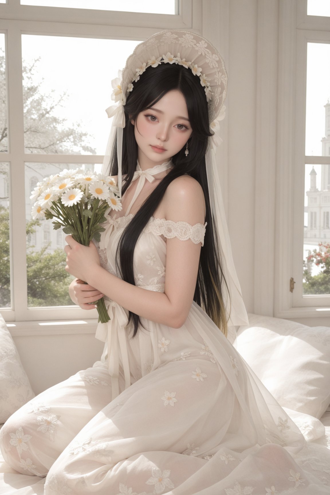 A breathtaking young woman with long silky black hair and soft bangs,  wearing an elegant white lace bonnet adorned with d...